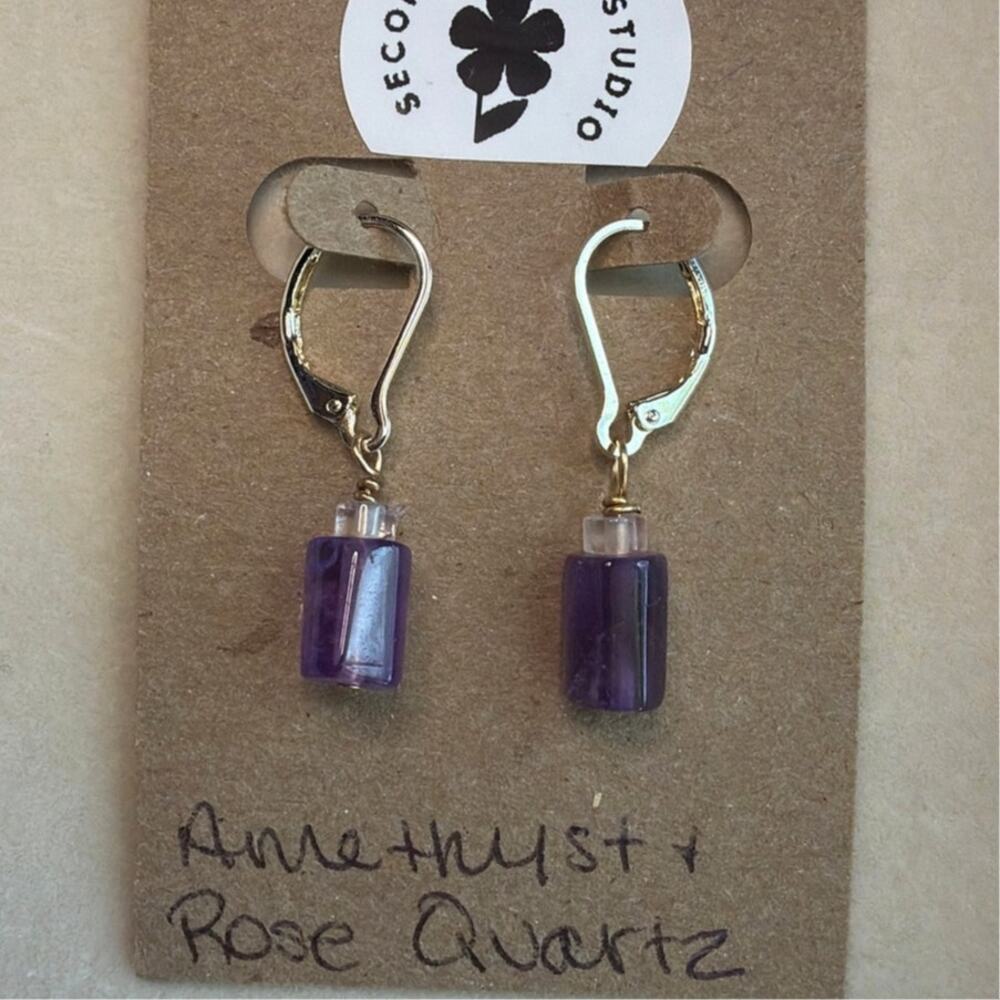 14K Gold Filled Amethyst & Rose Quartz Leverback Earrings